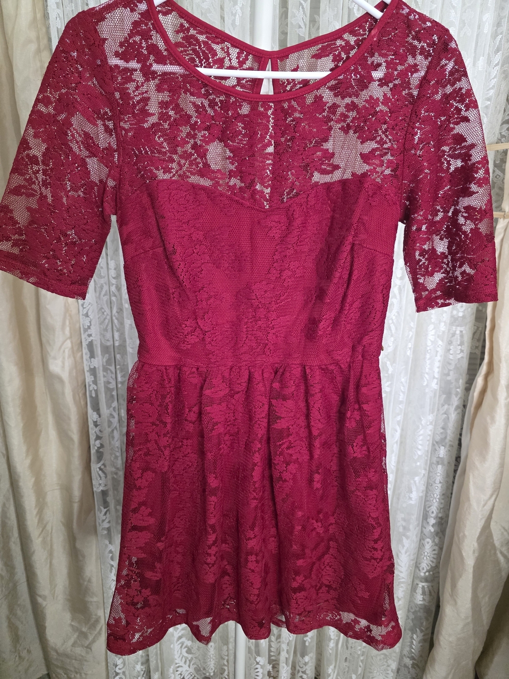 City Triangles Magenta Pink Floral Lace Fit & Flare Skater Mini Dress - Juniors
